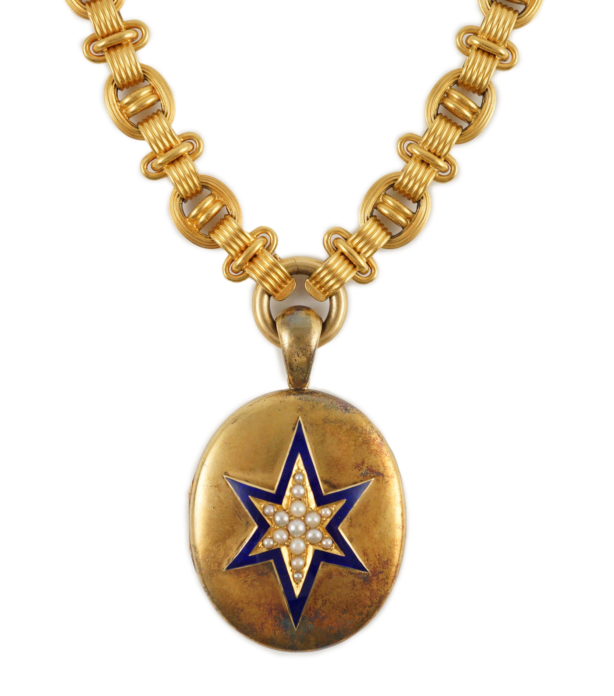 A Victorian gold, enamel and seed pearl set oval locket, on a 19th century Vienna 580/1000 gold chain